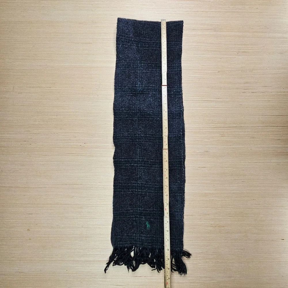 Polo Ralph Lauren Scarf Mens OS Charcoal Grey Lambs Wool Plaid Fringe Italy